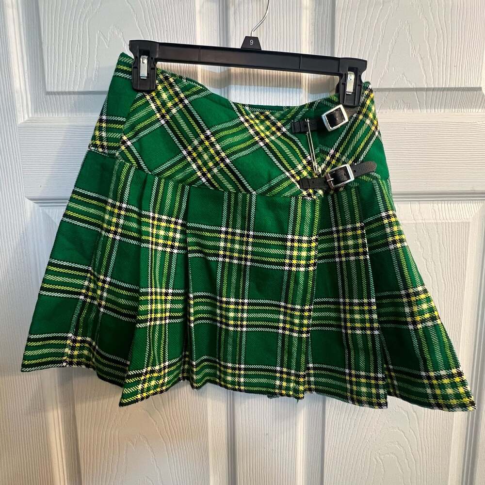 Women's Green Irish Heritage Tartan Plaid Billie Mini Kilt Skirt w Buckles Size